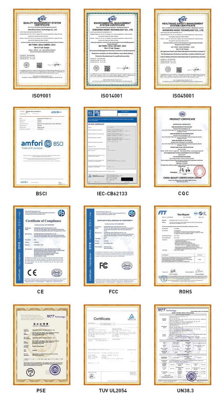 Twelve certificates issued to Shenzhen Haisic Technology: ISO 9001, ISO 14001, ISO 45001, amfori BSCI, IEC CB 62133, CQC, CE, FCC, RoHS, PSE, TÜV UL2054 and UN38.3