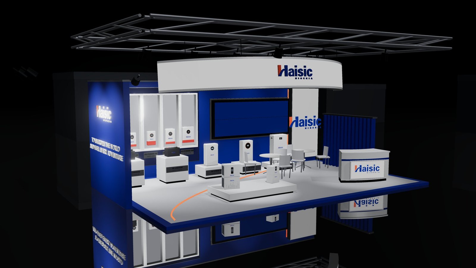 The Haisic Nigeria exhibition stand, seen from the aisle, with the product range on lit plinths and the suspended Haisic blade overhead